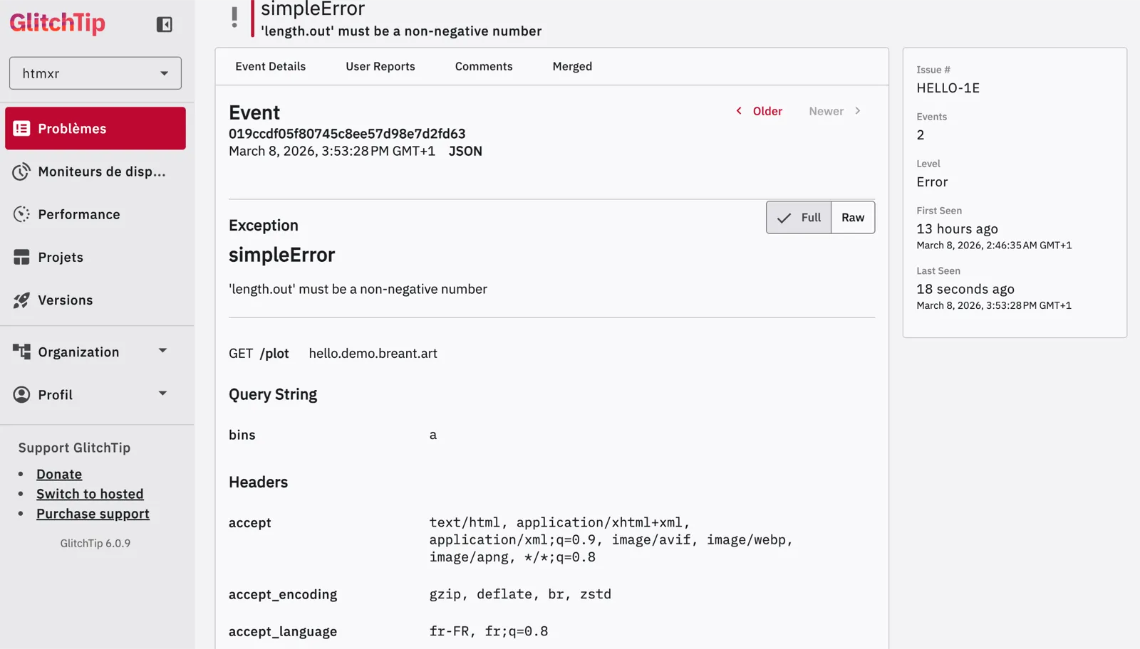 GlitchTip error detail showing endpoint, query string and headers