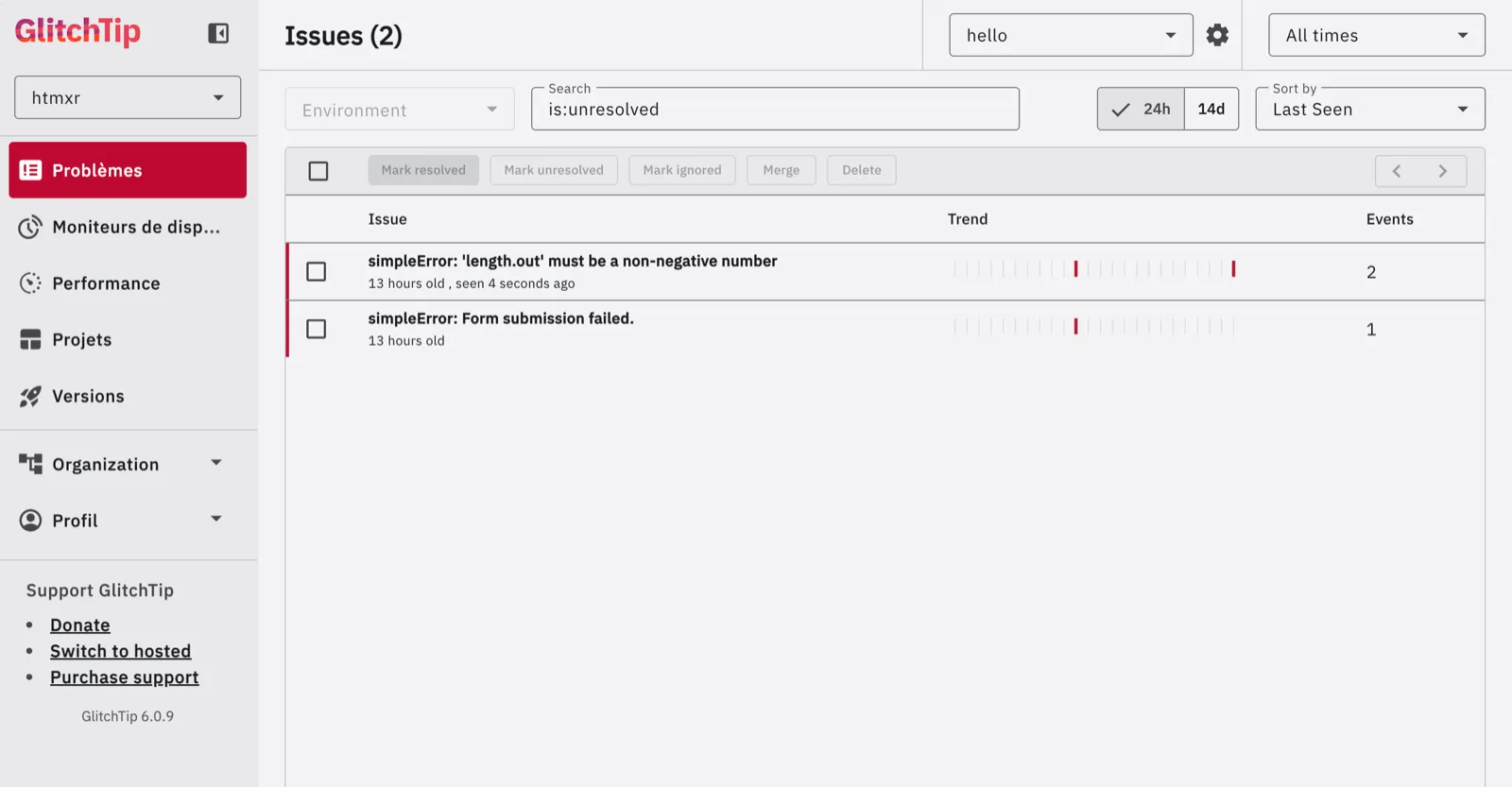 GlitchTip issue list showing two captured R errors