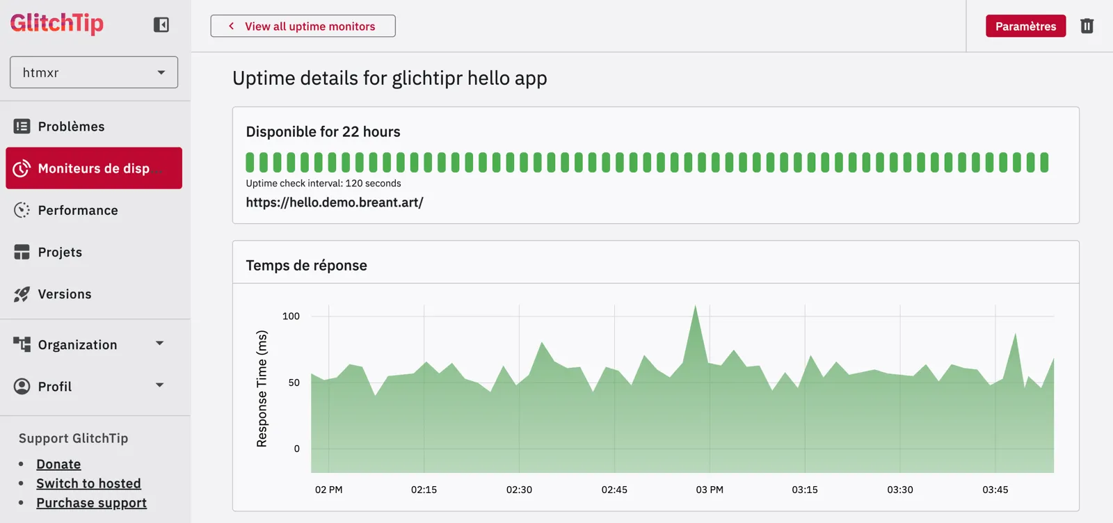 GlitchTip uptime monitor showing response times over time